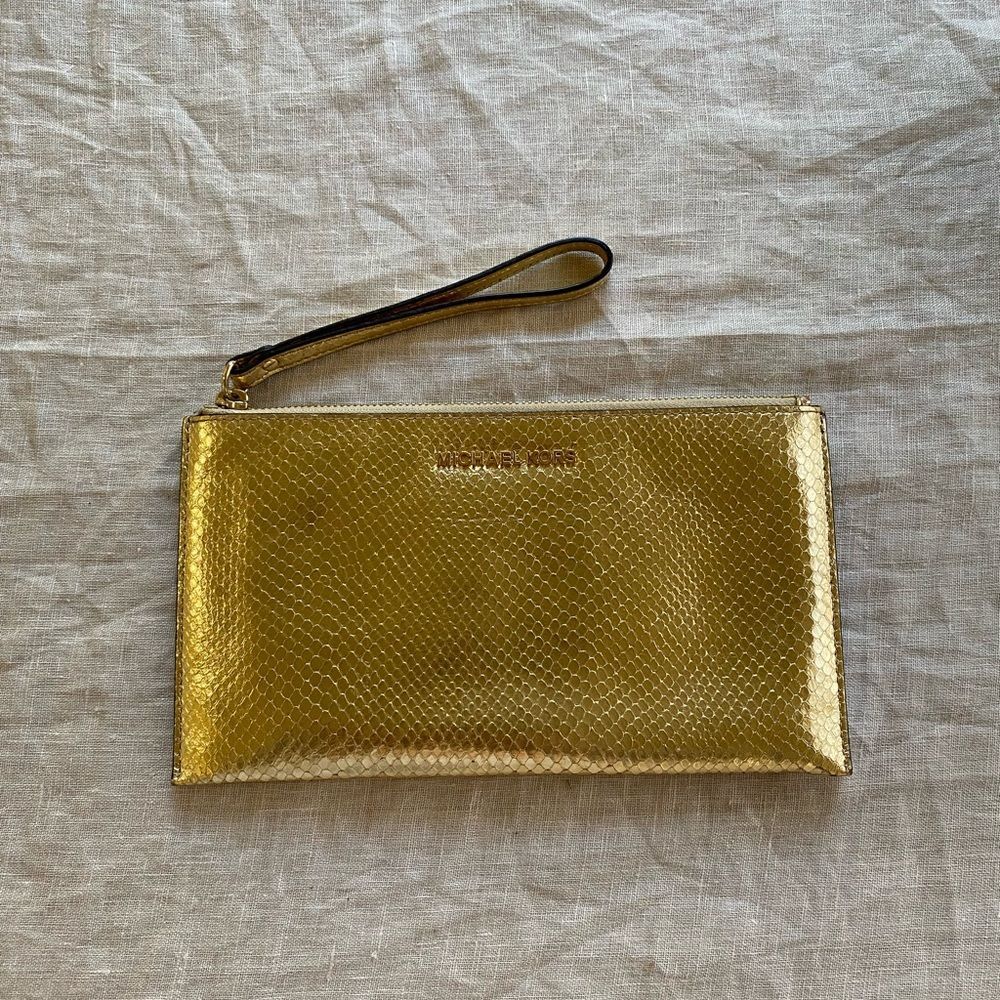 Michael Kors Gold Snakeskin zipper clutch bag